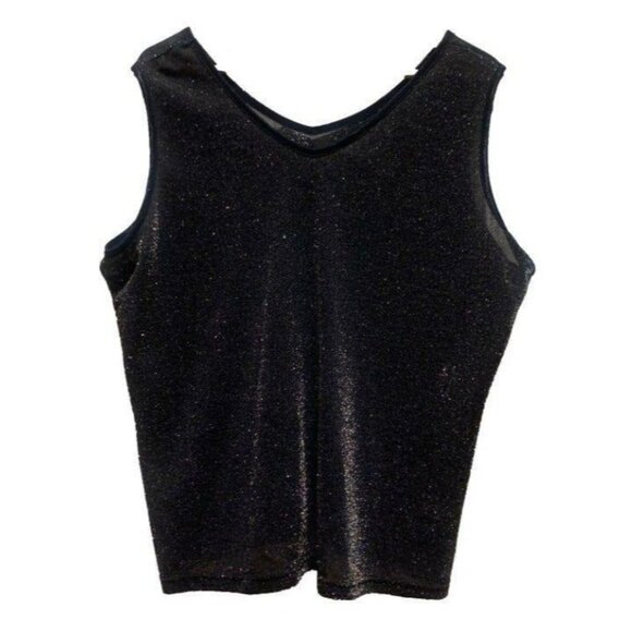 Vintage Vue Point Black Sparkle Shimmer Knit Tank Top Sleeveless V-Neck Shell - Picture 2 of 7